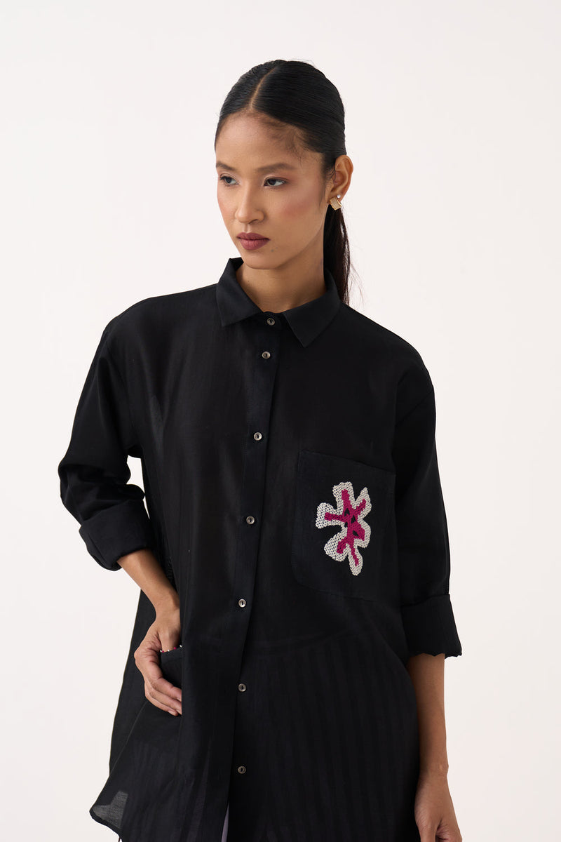 Emb. Patch Pocket Shirt-Black chanderi top/shirt by THREE in black for women in Singapore
