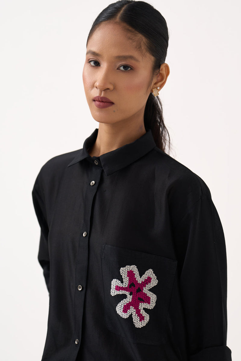 Emb. Patch Pocket Shirt-Black chanderi top/shirt by THREE in black for women in Singapore