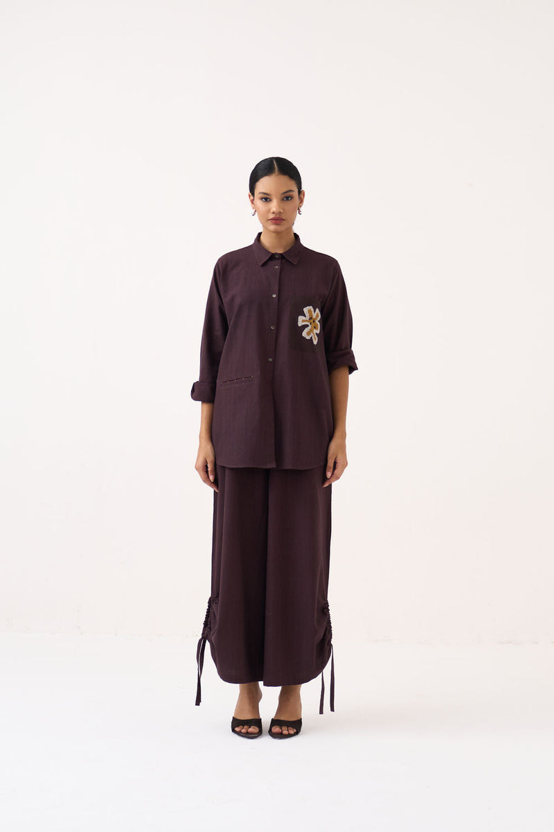 Hand Emb. Patch Pocket Shirt Co-Ord (Set Of 2)-Dark Brown handwoven cotton co-ord set by THREE in brown for women in Singapore