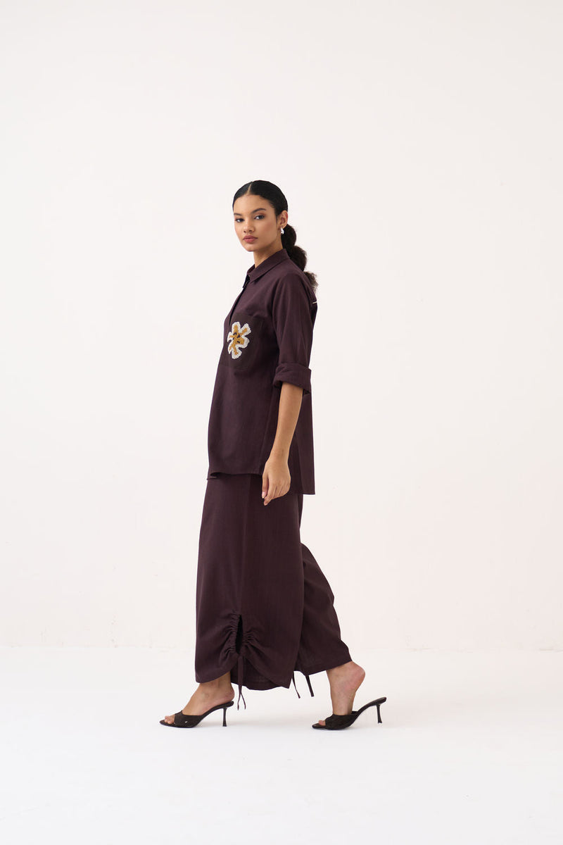 Hand Emb. Patch Pocket Shirt Co-Ord (Set Of 2)-Dark Brown handwoven cotton co-ord set by THREE in brown for women in Singapore