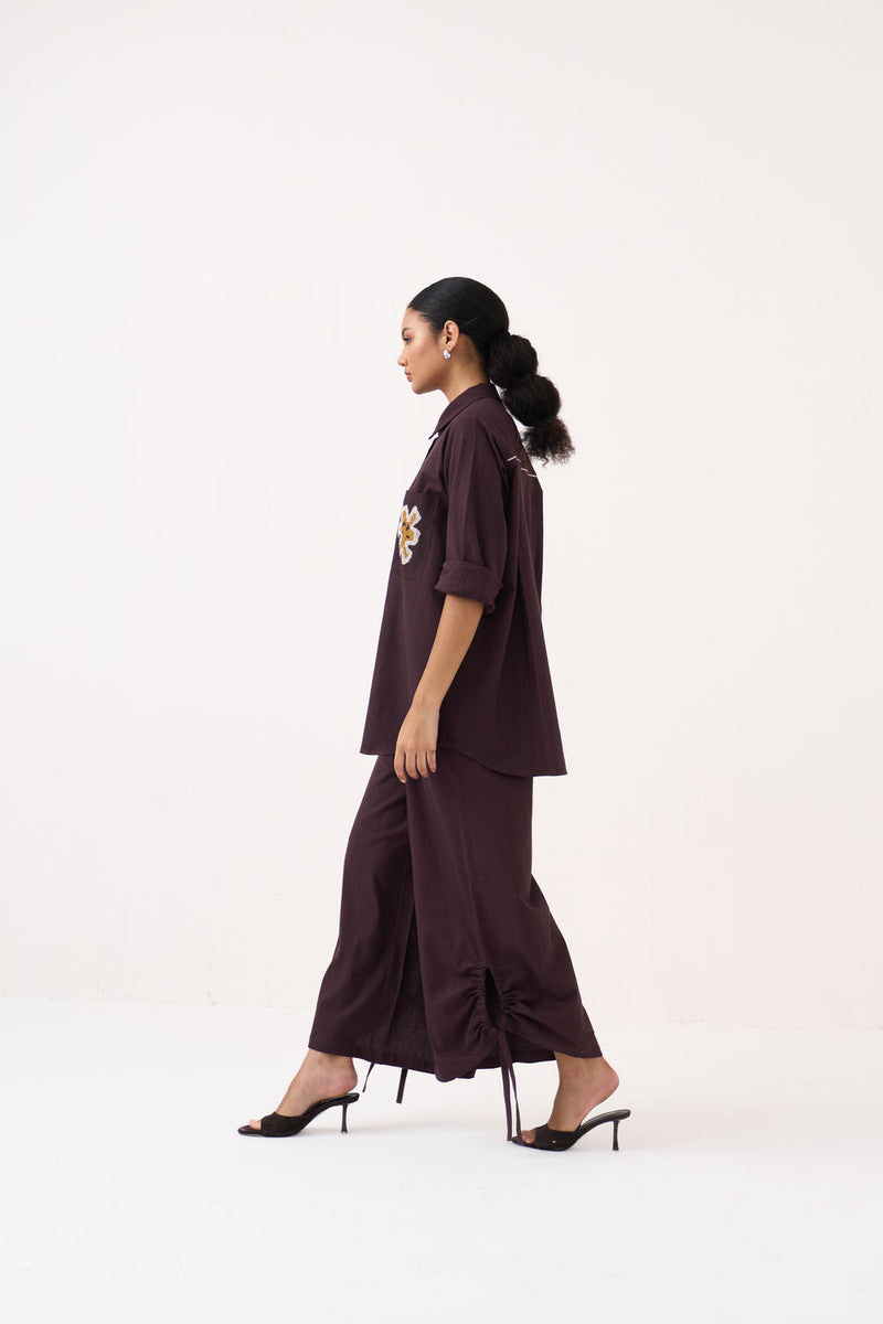 Hand Emb. Patch Pocket Shirt Co-Ord (Set Of 2)-Dark Brown handwoven cotton co-ord set by THREE in brown for women in Singapore