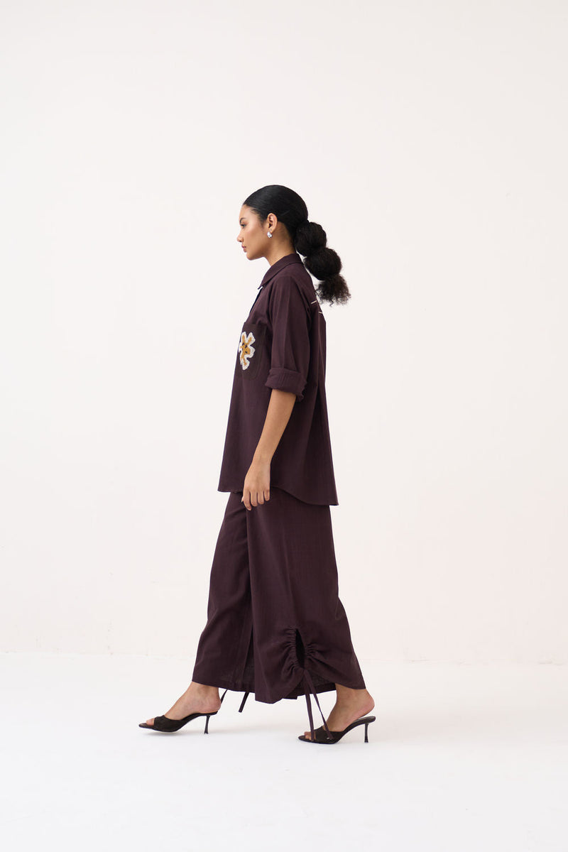 Drawstring Bottom-Dark Brown handwoven cotton pant/trouser by THREE in brown for women in Singapore