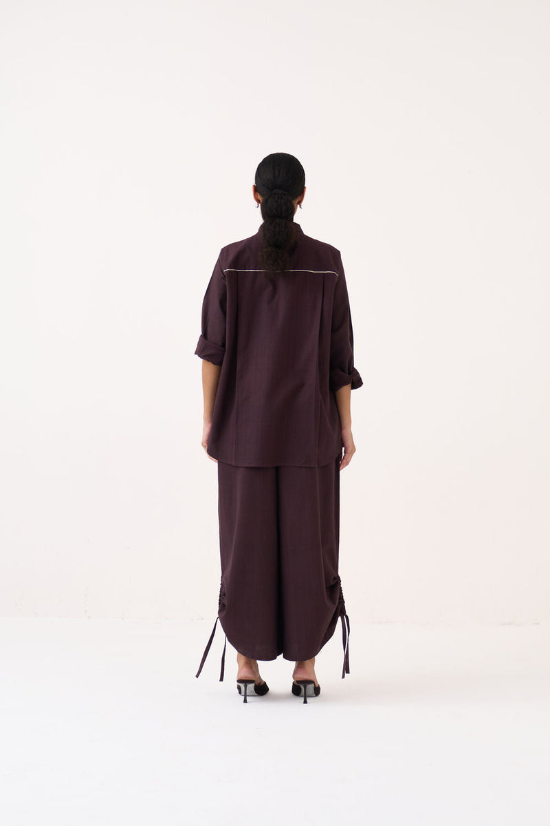 Hand Emb. Patch Pocket Shirt Co-Ord (Set Of 2)-Dark Brown handwoven cotton co-ord set by THREE in brown for women in Singapore