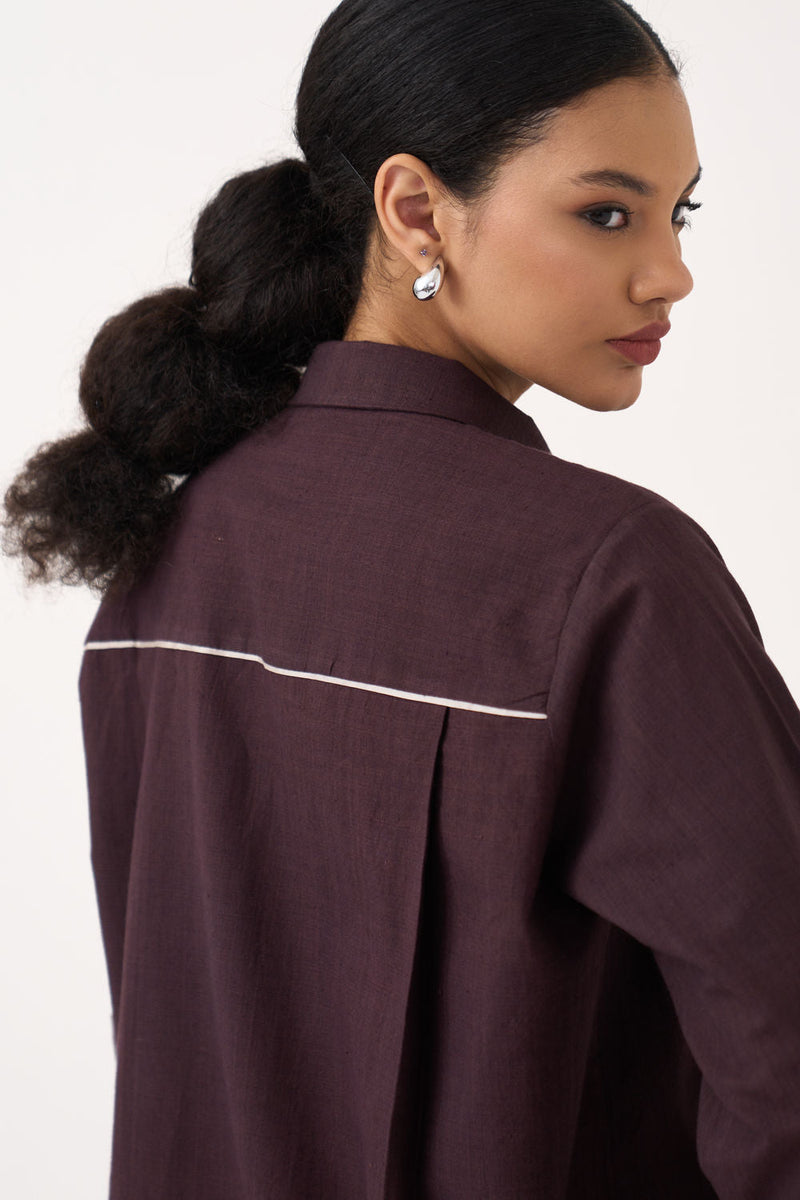 Hand Emb. Patch Pocket Shirt-Dark Brown handwoven cotton top/shirt by THREE in brown for women in Singapore