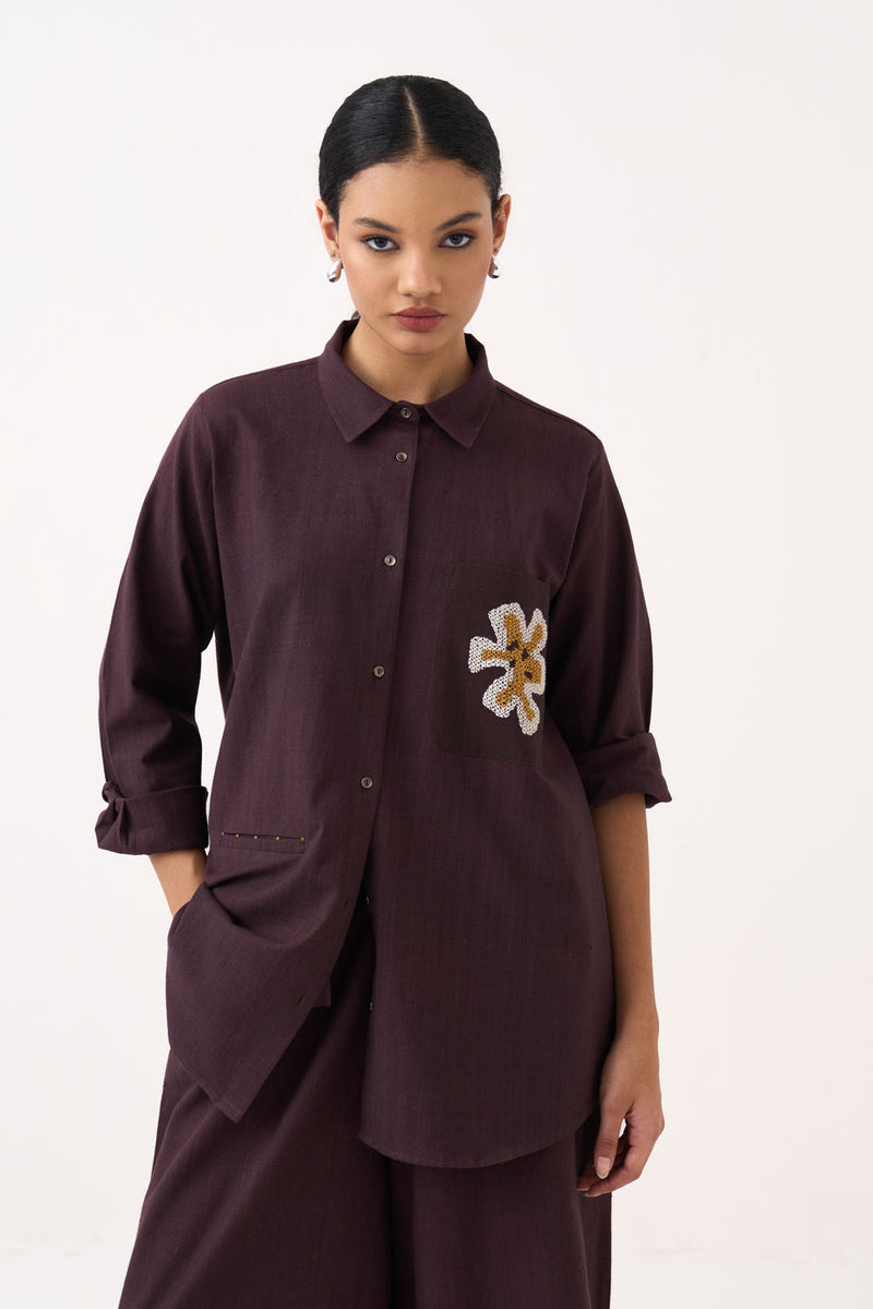 Hand Emb. Patch Pocket Shirt-Dark Brown handwoven cotton top/shirt by THREE in brown for women in Singapore