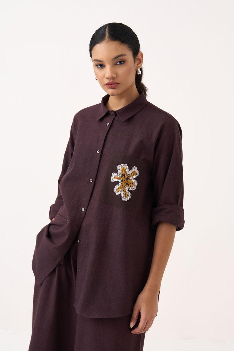 Hand Emb. Patch Pocket Shirt-Dark Brown handwoven cotton top/shirt by THREE in brown for women in Singapore