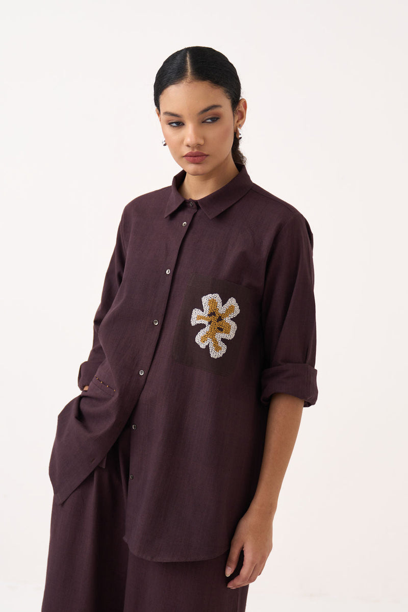 Hand Emb. Patch Pocket Shirt-Dark Brown handwoven cotton top/shirt by THREE in brown for women in Singapore