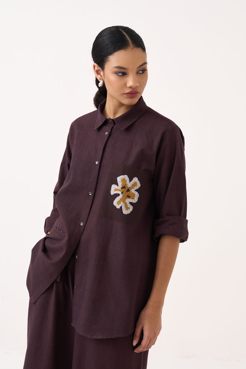 Hand Emb. Patch Pocket Shirt-Dark Brown handwoven cotton top/shirt by THREE in brown for women in Singapore