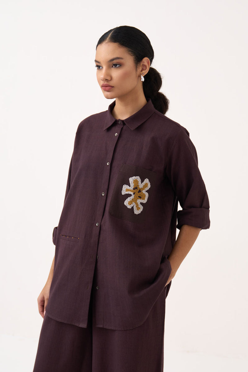 Hand Emb. Patch Pocket Shirt Co-Ord (Set Of 2)-Dark Brown handwoven cotton co-ord set by THREE in brown for women in Singapore
