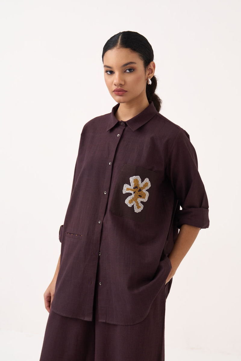 Hand Emb. Patch Pocket Shirt-Dark Brown handwoven cotton top/shirt by THREE in brown for women in Singapore