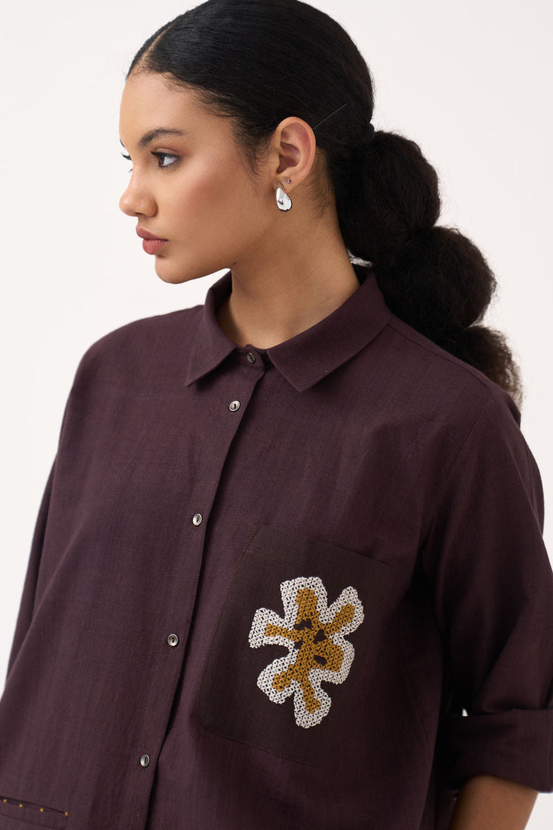 Hand Emb. Patch Pocket Shirt-Dark Brown handwoven cotton top/shirt by THREE in brown for women in Singapore