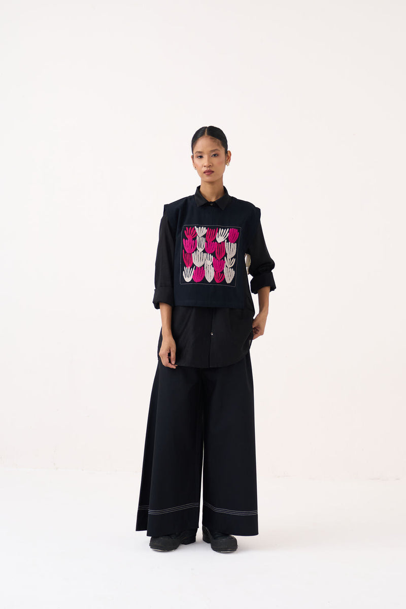 Emb. Patch Crop Overlay (Including Shirt)-Black handwoven cotton jacket/overlay by THREE in black for women in Singapore