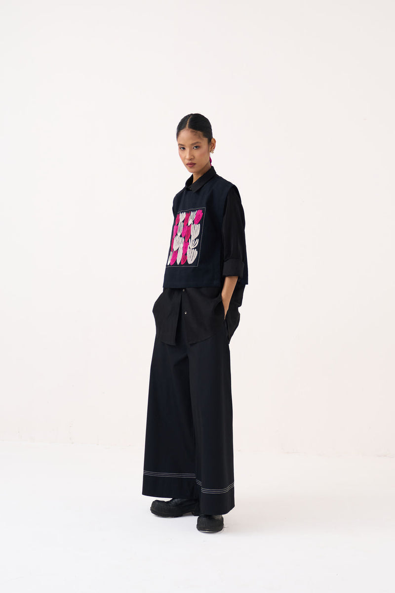 Emb. Patch Crop Overlay Co-Ord (Set Of 3)-Black handwoven cotton co-ord set by THREE in black for women in Singapore