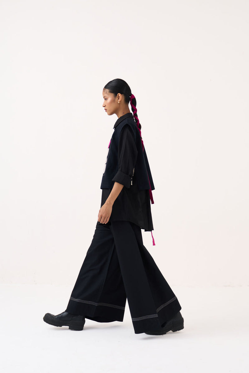 Emb. Patch Crop Overlay Co-Ord (Set Of 3)-Black handwoven cotton co-ord set by THREE in black for women in Singapore