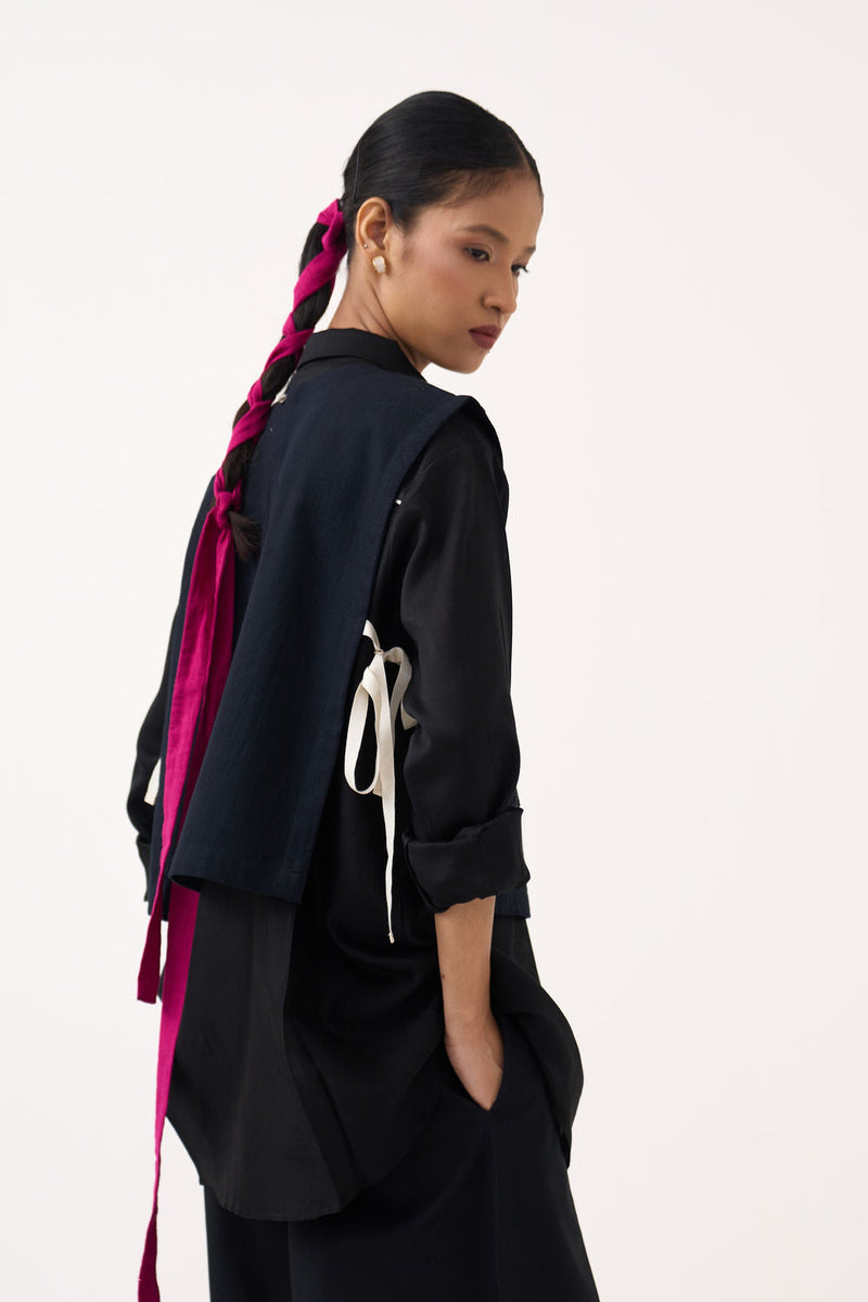 Emb. Patch Crop Overlay (Including Shirt)-Black handwoven cotton jacket/overlay by THREE in black for women in Singapore