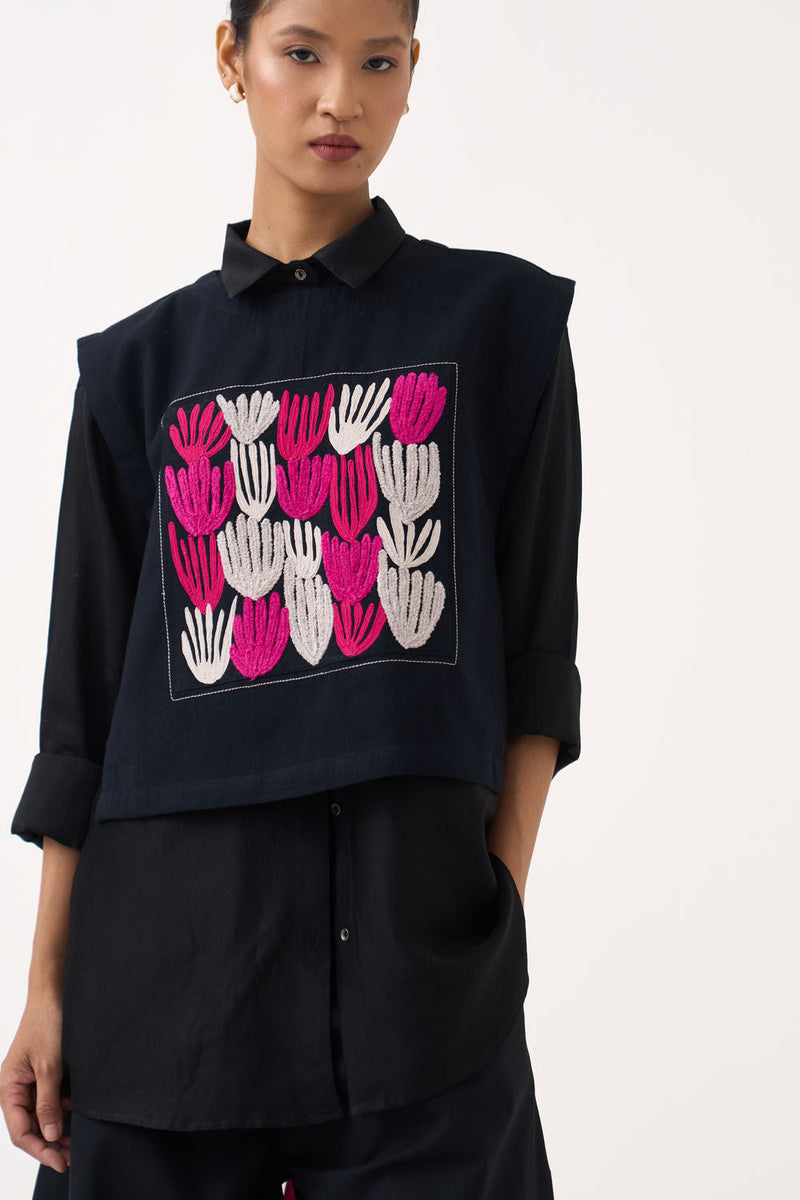 Emb. Patch Crop Overlay (Including Shirt)-Black handwoven cotton jacket/overlay by THREE in black for women in Singapore