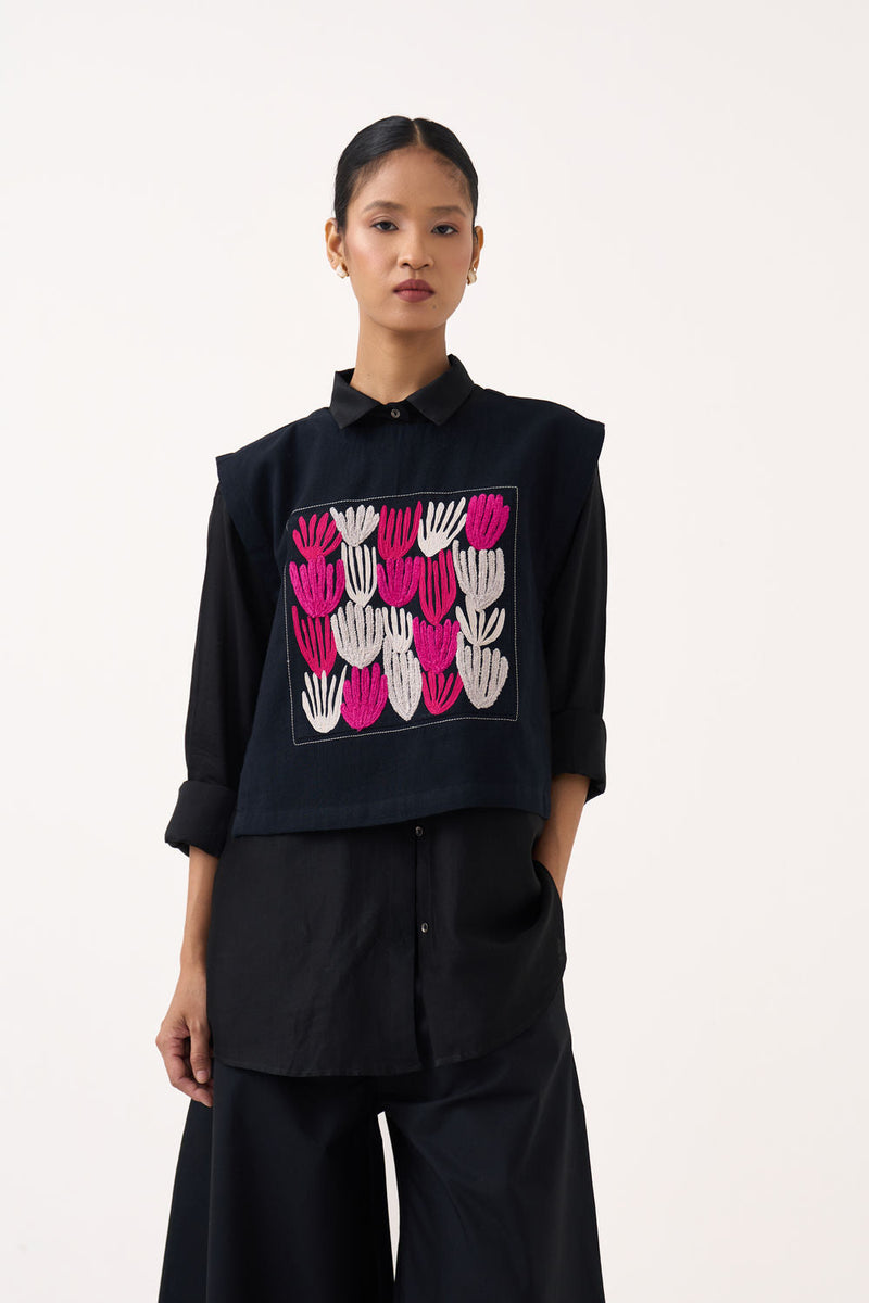 Emb. Patch Crop Overlay (Including Shirt)-Black handwoven cotton jacket/overlay by THREE in black for women in Singapore
