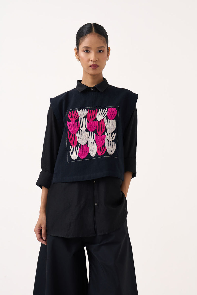 Emb. Patch Crop Overlay (Including Shirt)-Black handwoven cotton jacket/overlay by THREE in black for women in Singapore