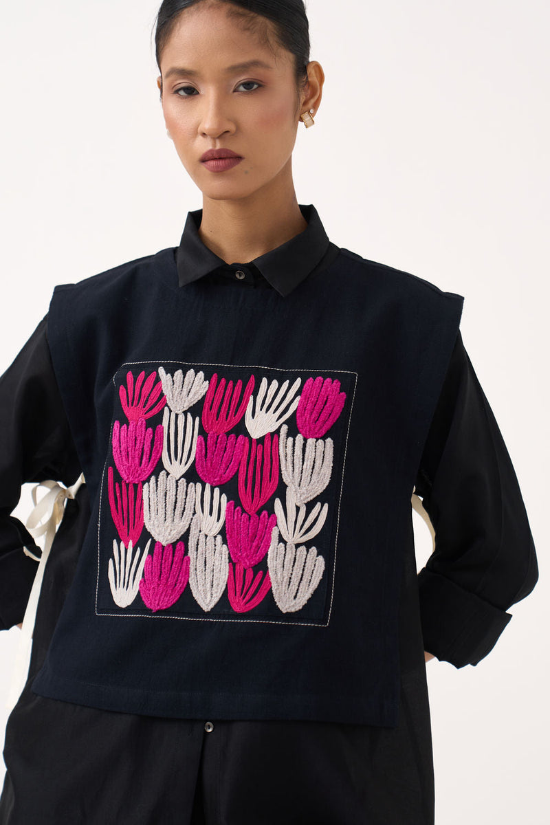 All Over Embroidery Overlay Co-Ord (Set Of 3)-Grey handwoven cotton co-ord set by THREE in grey, fuchsia for women in Singapore