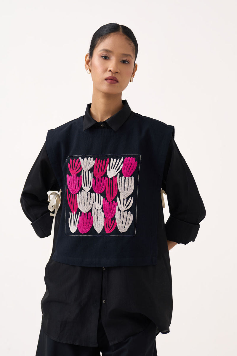 Emb. Patch Crop Overlay (Including Shirt)-Black handwoven cotton jacket/overlay by THREE in black for women in Singapore