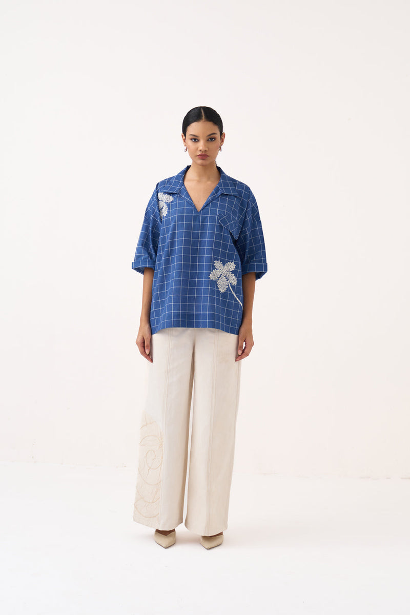 Emb. V Neck Top-Cobalt Blue  mul top/shirt by THREE in cobalt blue for women in Singapore