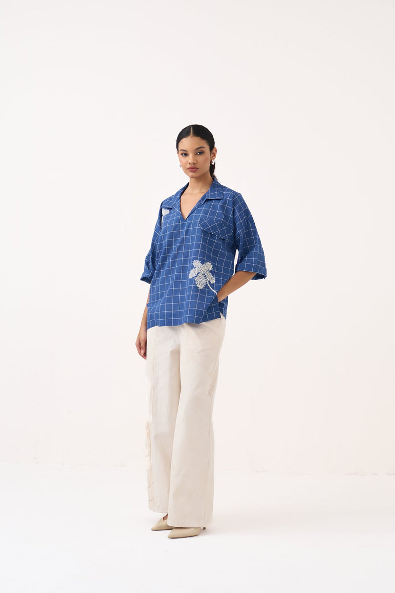 Emb. V Neck Top Co-Ord-Cobalt Blue & Ivory mul co-ord set by THREE in cobalt blue for women in Singapore
