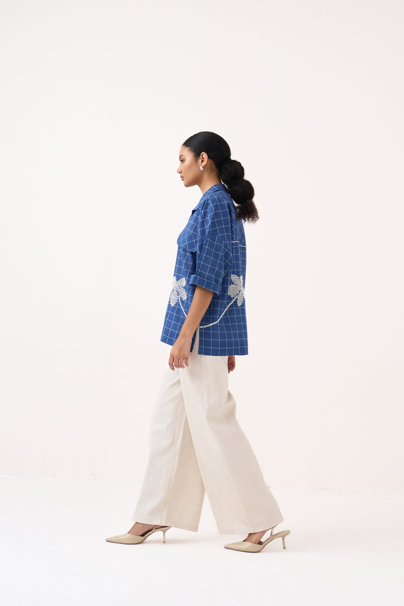 Emb. V Neck Top Co-Ord-Cobalt Blue & Ivory mul co-ord set by THREE in cobalt blue for women in Singapore