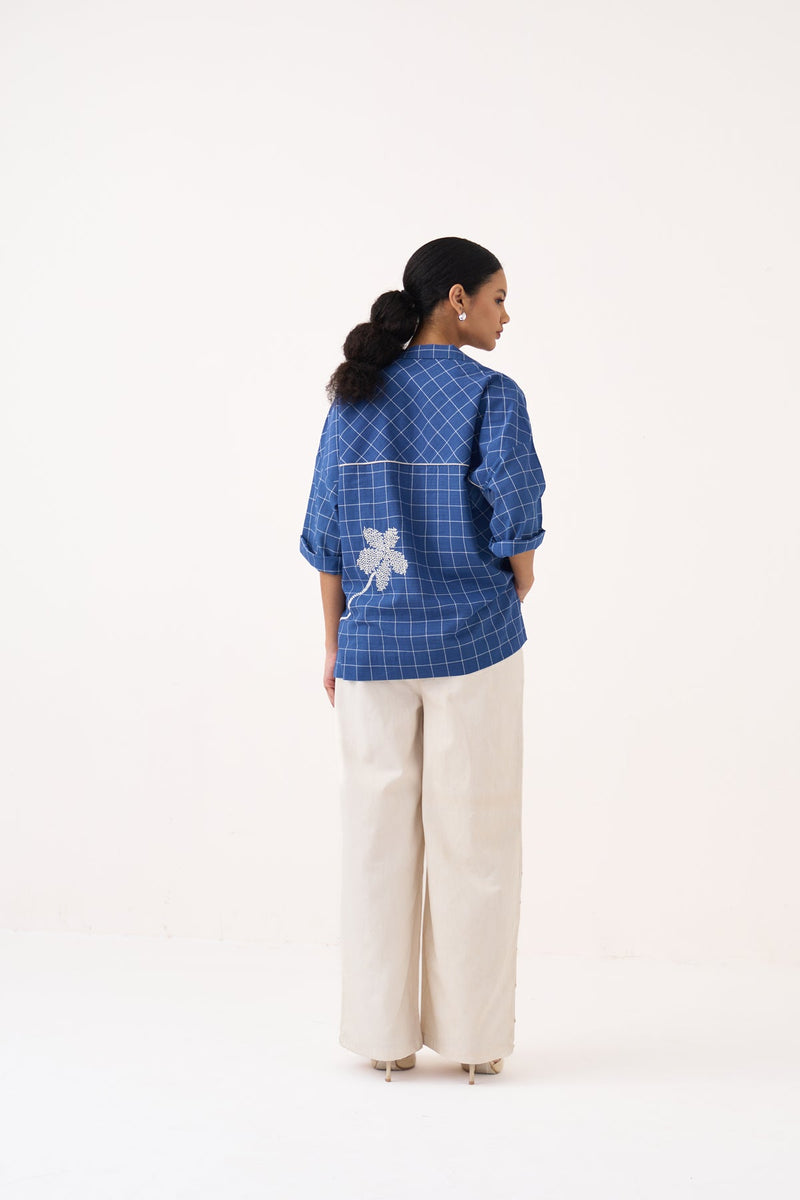 Emb. V Neck Top Co-Ord-Cobalt Blue & Ivory mul co-ord set by THREE in cobalt blue for women in Singapore