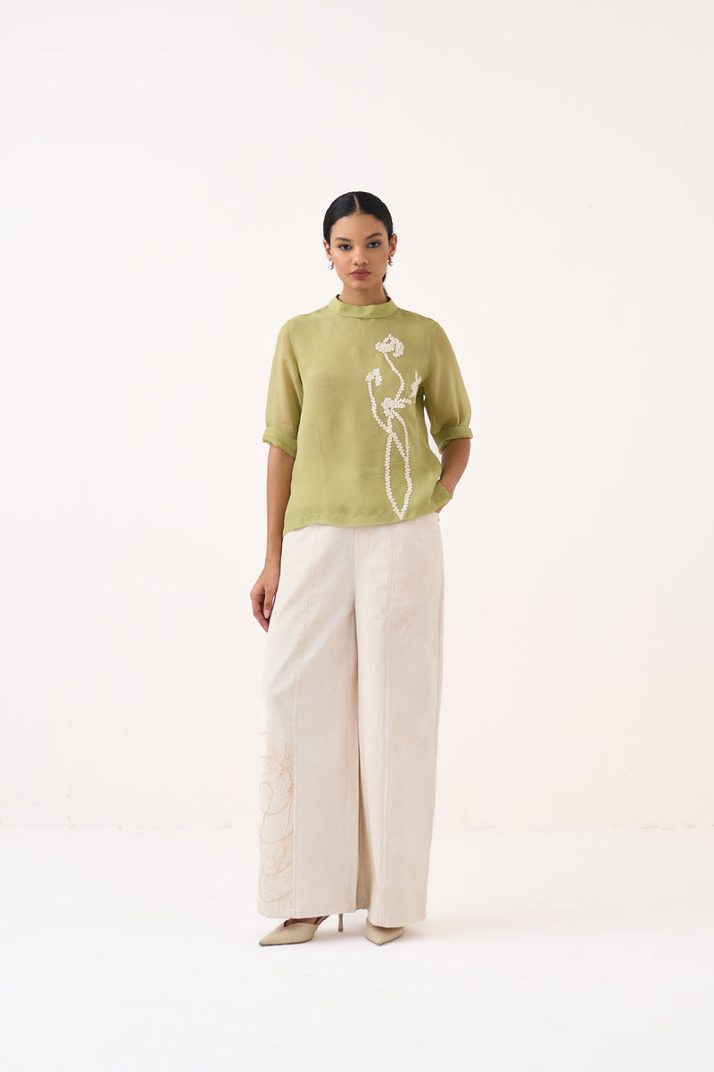 Poppy Top Co-Ord-Soft Moss & Ivory organza co-ord set by THREE in soft moss for women in Singapore