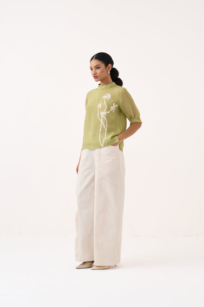 Poppy Top Co-Ord-Soft Moss & Ivory organza co-ord set by THREE in soft moss for women in Singapore