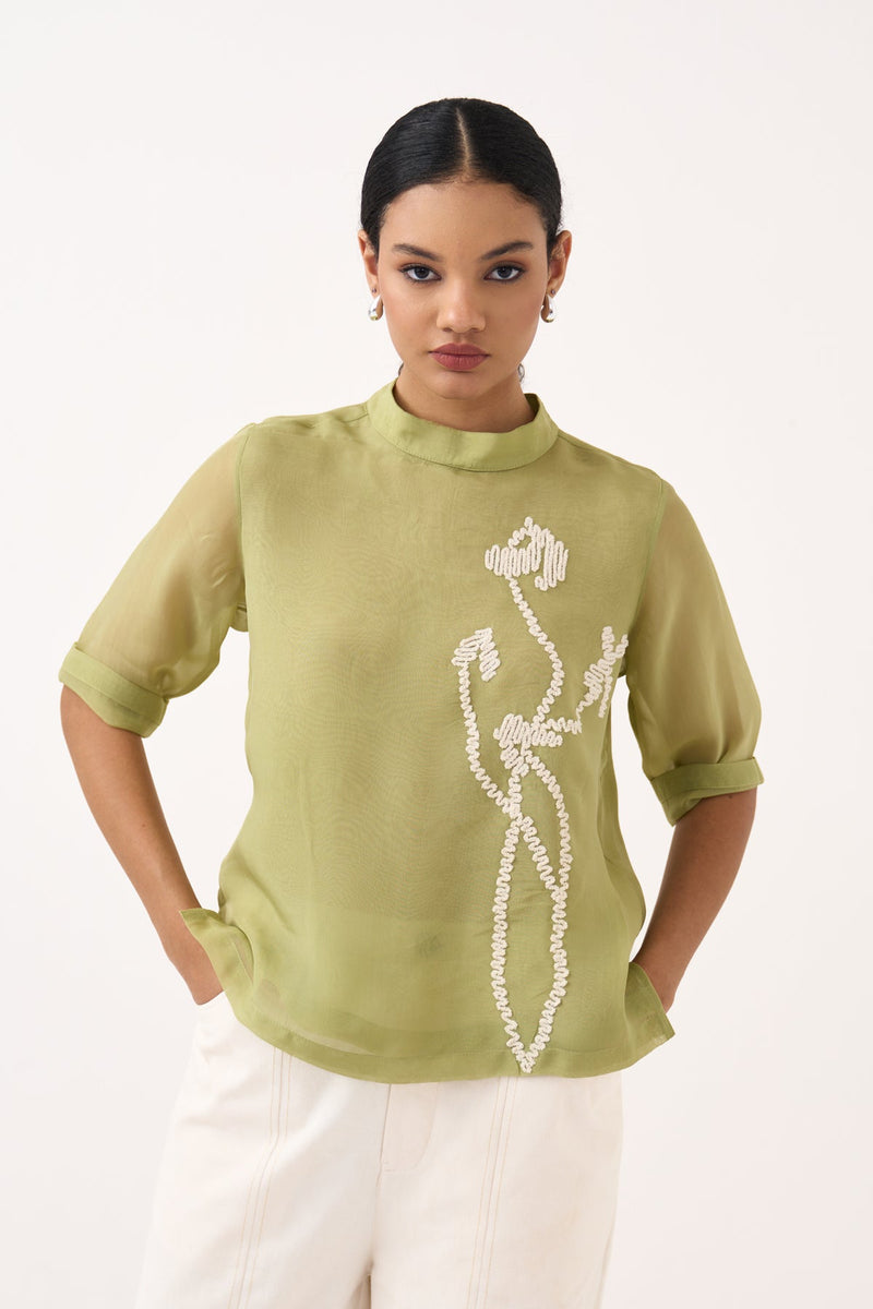 Poppy Top-Soft Moss  organza top/shirt by THREE in soft moss for women in Singapore