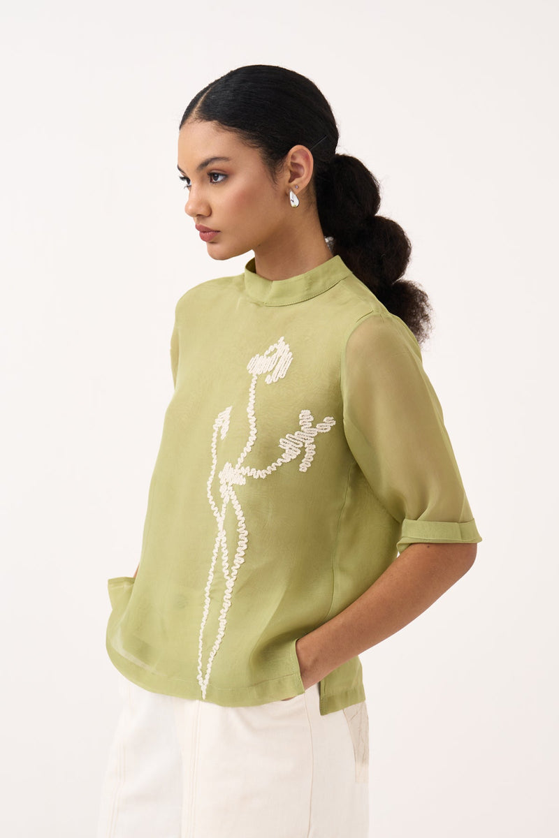 Poppy Top-Soft Moss  organza top/shirt by THREE in soft moss for women in Singapore