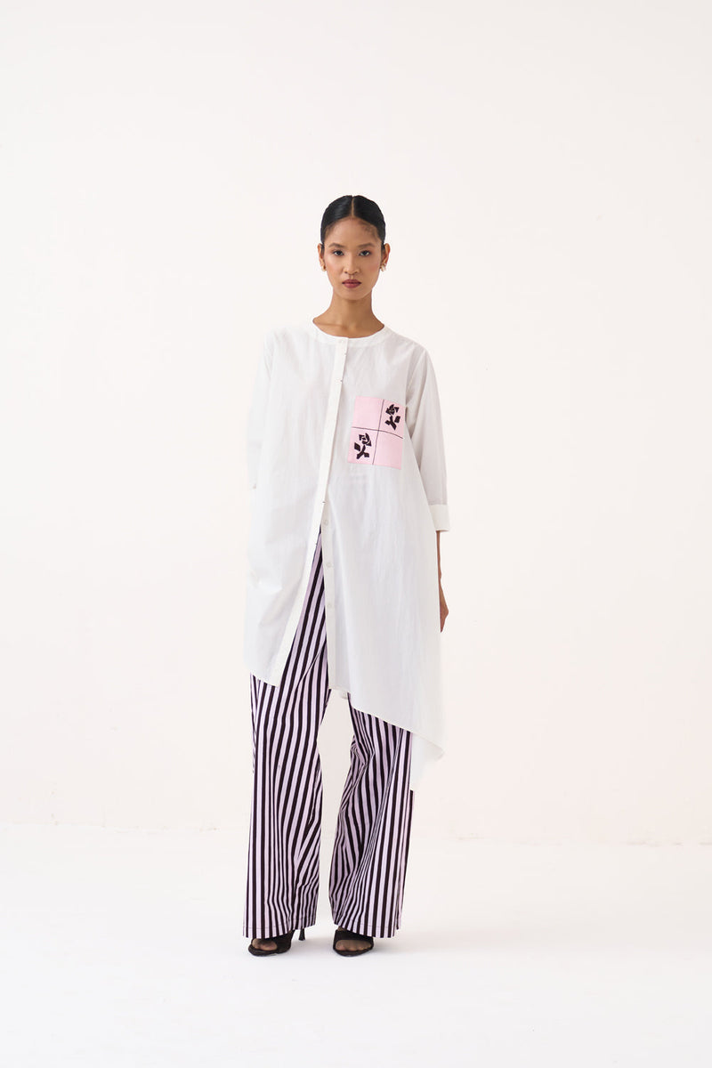 Emb. Patch Asymmetric Hem Shirt-White   100% cotton poplin tunics/kaftan by THREE in white for women in Singapore