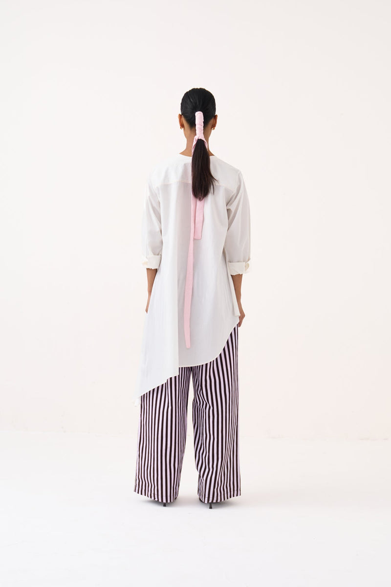 Emb. Patch Asymmetric Hem Shirt-White   100% cotton poplin tunics/kaftan by THREE in white for women in Singapore