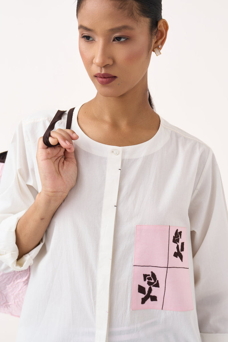 Emb. Patch Asymmetric Hem Shirt Co-Ord-White, Cocoa Brown & Petal Pink 100% cotton poplin co-ord set by THREE in white for women in Singapore