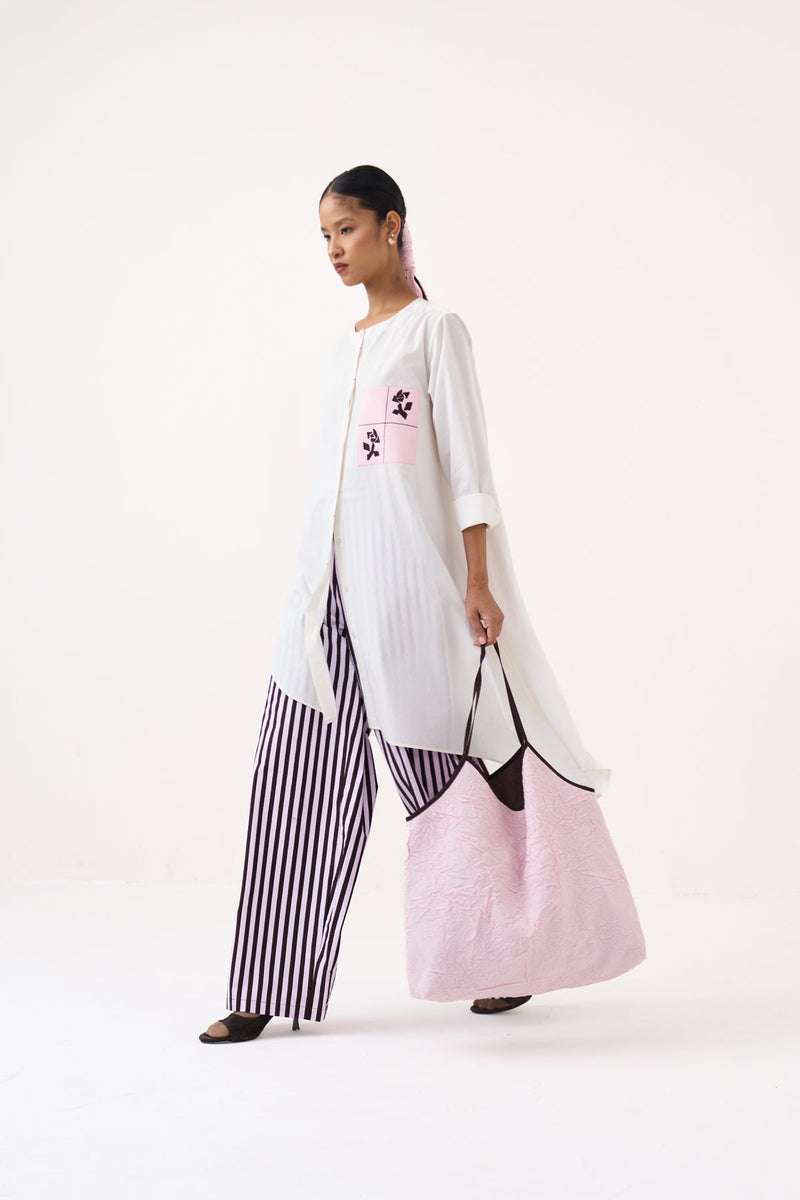 Emb. Patch Asymmetric Hem Shirt-White   100% cotton poplin tunics/kaftan by THREE in white for women in Singapore