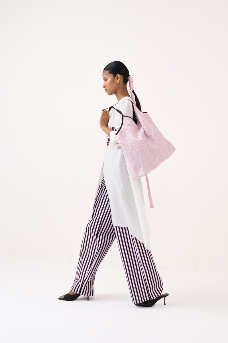 Emb. Patch Asymmetric Hem Shirt Co-Ord-White, Cocoa Brown & Petal Pink 100% cotton poplin co-ord set by THREE in white for women in Singapore