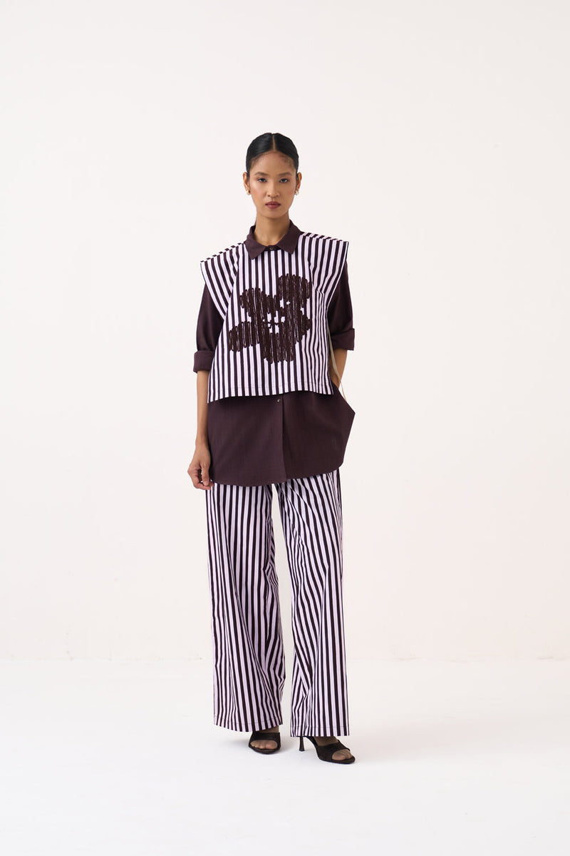 Floral Emb. Stripe Overlay Co-Ord (Set Of 3)-Cocoa Brown & Petal Pink 100% cotton poplin co-ord set by THREE in dark brown for women in Singapore