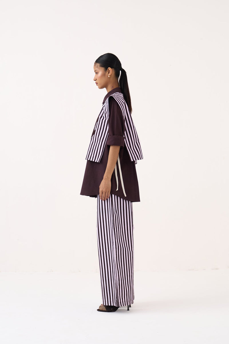 Floral Emb. Stripe Overlay (Set Of 2)-Cocoa Brown & Petal Pink  100% cotton poplin jacket/overlay by THREE in dark brown for women in Singapore