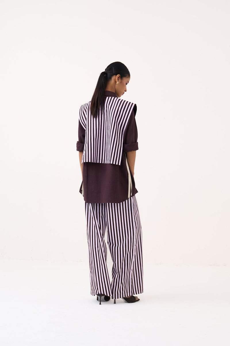 Floral Emb. Stripe Overlay (Set Of 2)-Cocoa Brown & Petal Pink  100% cotton poplin jacket/overlay by THREE in dark brown for women in Singapore