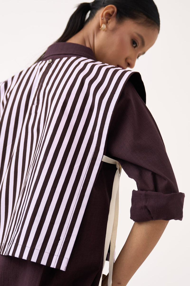 Floral Emb. Stripe Overlay Co-Ord (Set Of 3)-Cocoa Brown & Petal Pink 100% cotton poplin co-ord set by THREE in dark brown for women in Singapore