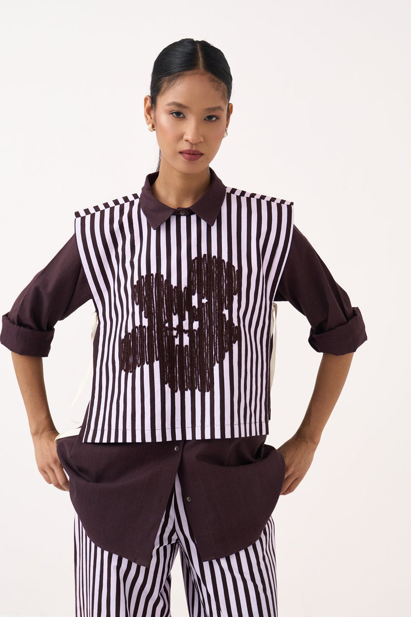 Floral Emb. Stripe Overlay (Set Of 2)-Cocoa Brown & Petal Pink  100% cotton poplin jacket/overlay by THREE in dark brown for women in Singapore