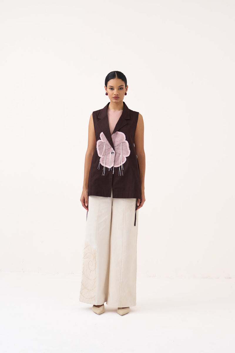 Floral Applique Waistcoat Co-Ord-Cocoa Brown & Ivory 100% cotton poplin co-ord set by THREE in dark brown for women in Singapore