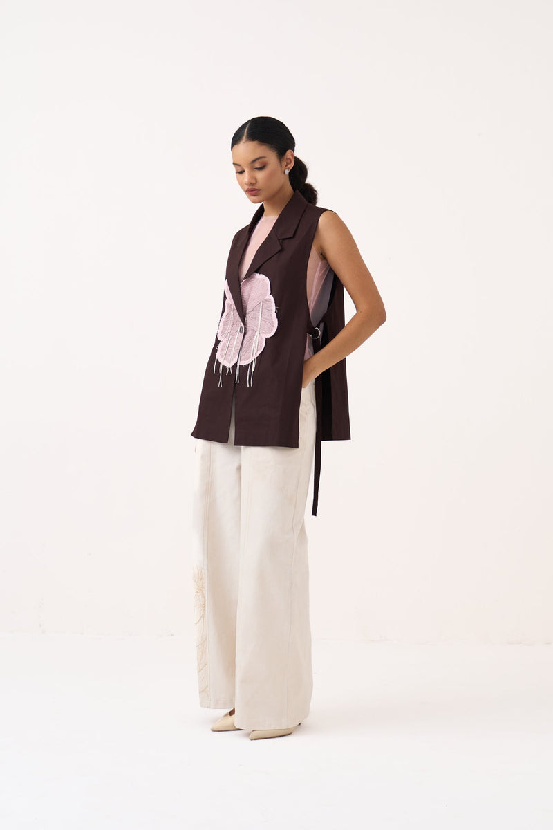 Floral Applique Waistcoat Co-Ord-Cocoa Brown & Ivory 100% cotton poplin co-ord set by THREE in dark brown for women in Singapore