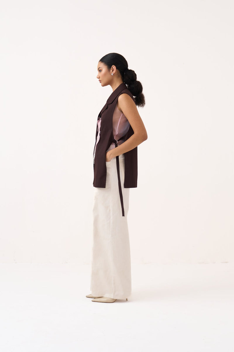Floral Applique Waistcoat (Included Slip)-Cocoa Brown   100% cotton poplin jacket/overlay by THREE in dark brown for women in Singapore