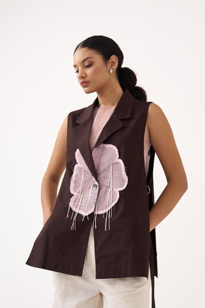 Floral Applique Waistcoat Co-Ord-Cocoa Brown & Ivory 100% cotton poplin co-ord set by THREE in dark brown for women in Singapore