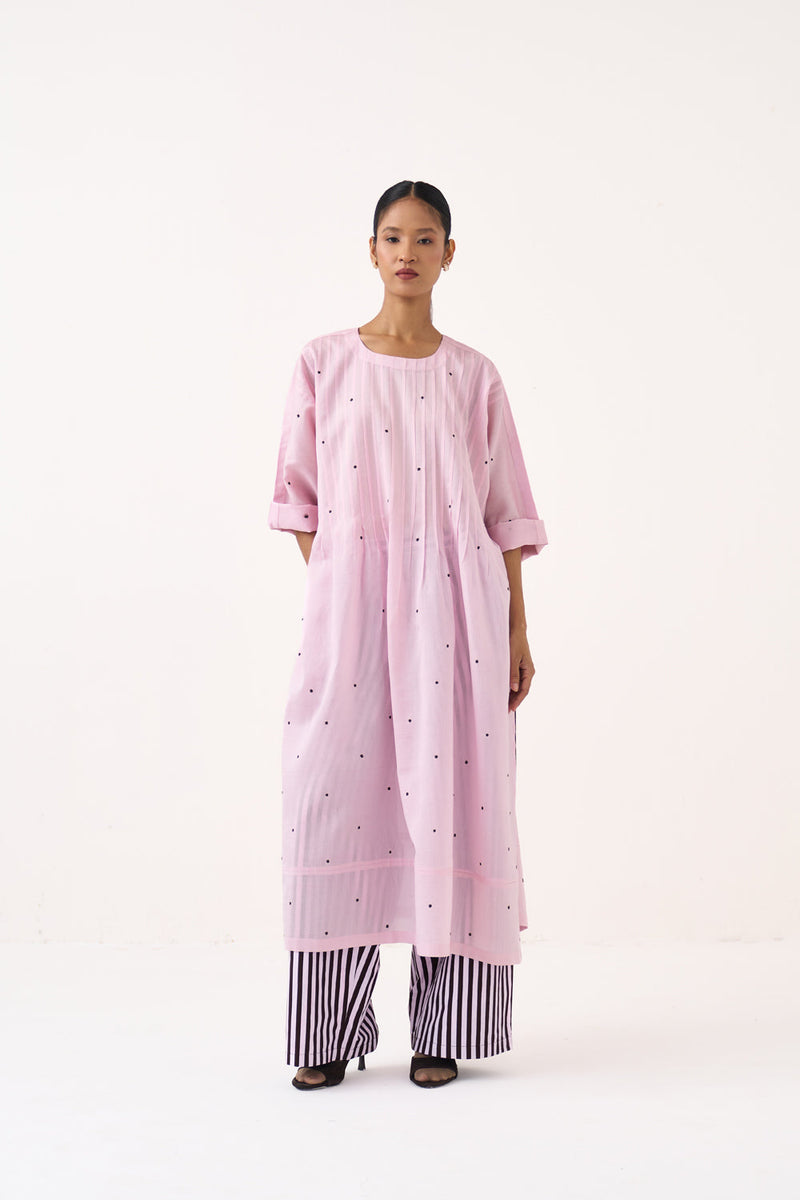 Pintuck Polka Kaftan Co-Ord-Petal Pink & Cocoa Brown Stripe chanderi  co-ord set by THREE in pink for women in Singapore