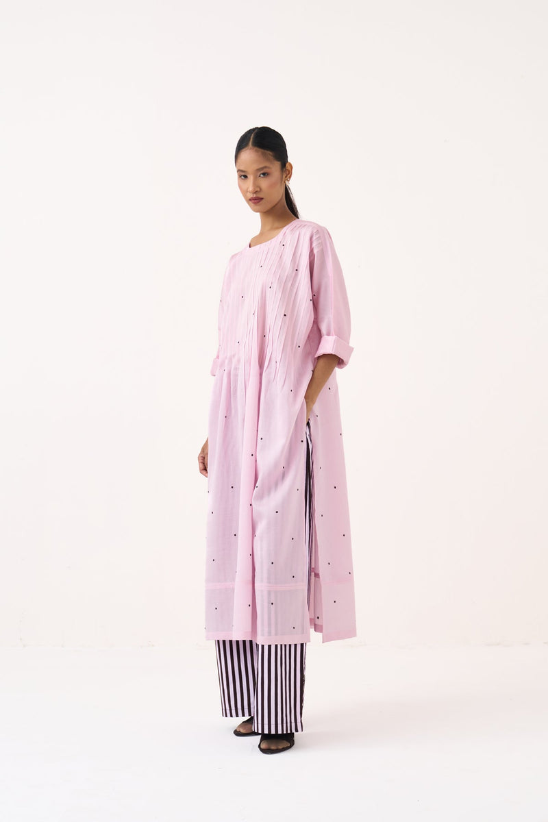 Pintuck Polka Kaftan Co-Ord-Petal Pink & Cocoa Brown Stripe chanderi  co-ord set by THREE in pink for women in Singapore