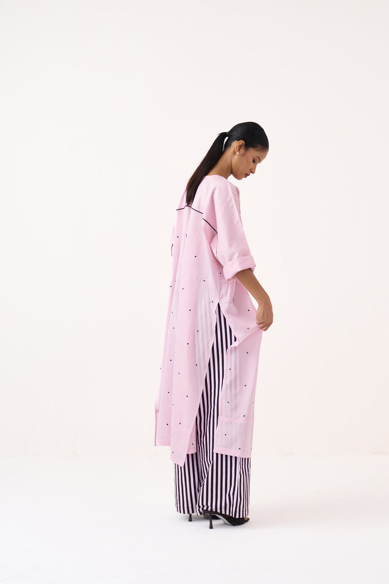 Pintuck Polka Kaftan Co-Ord-Petal Pink & Cocoa Brown Stripe chanderi  co-ord set by THREE in pink for women in Singapore