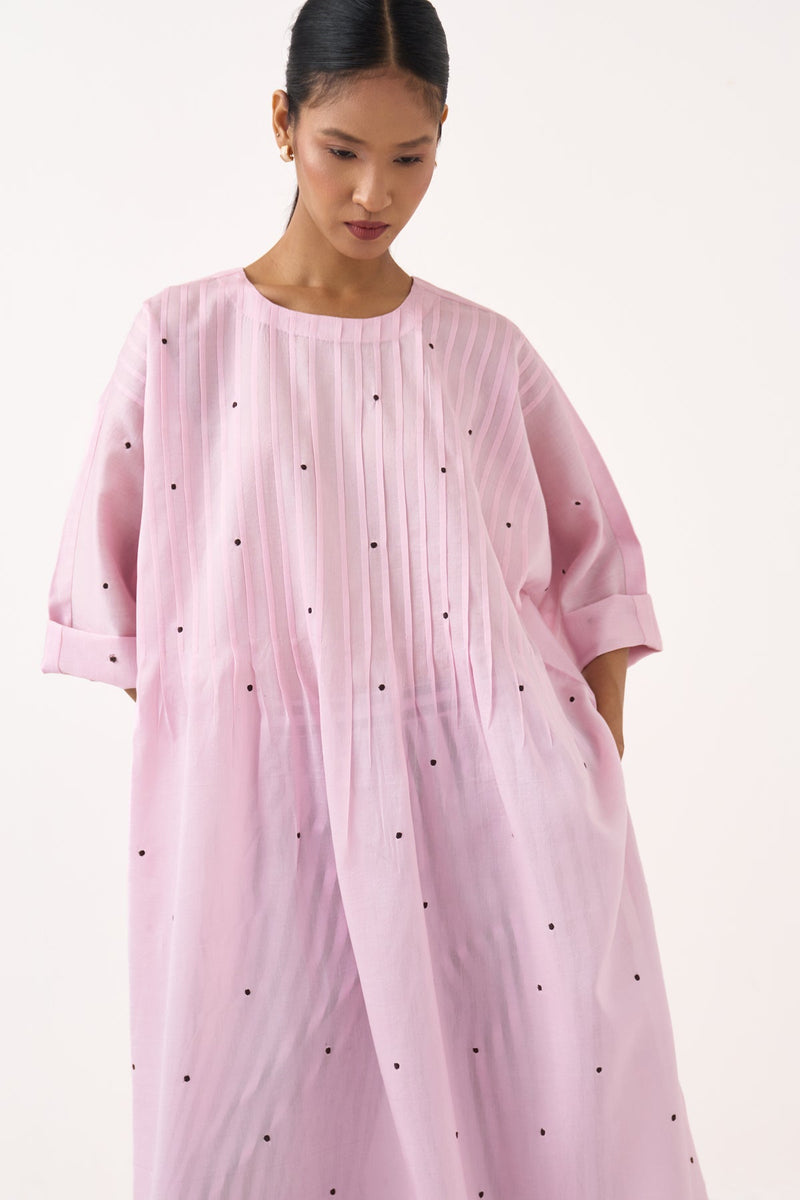 Pintuck Polka Kaftan-Petal Pink  chanderi tunics/kaftan by THREE in pink for women in Singapore